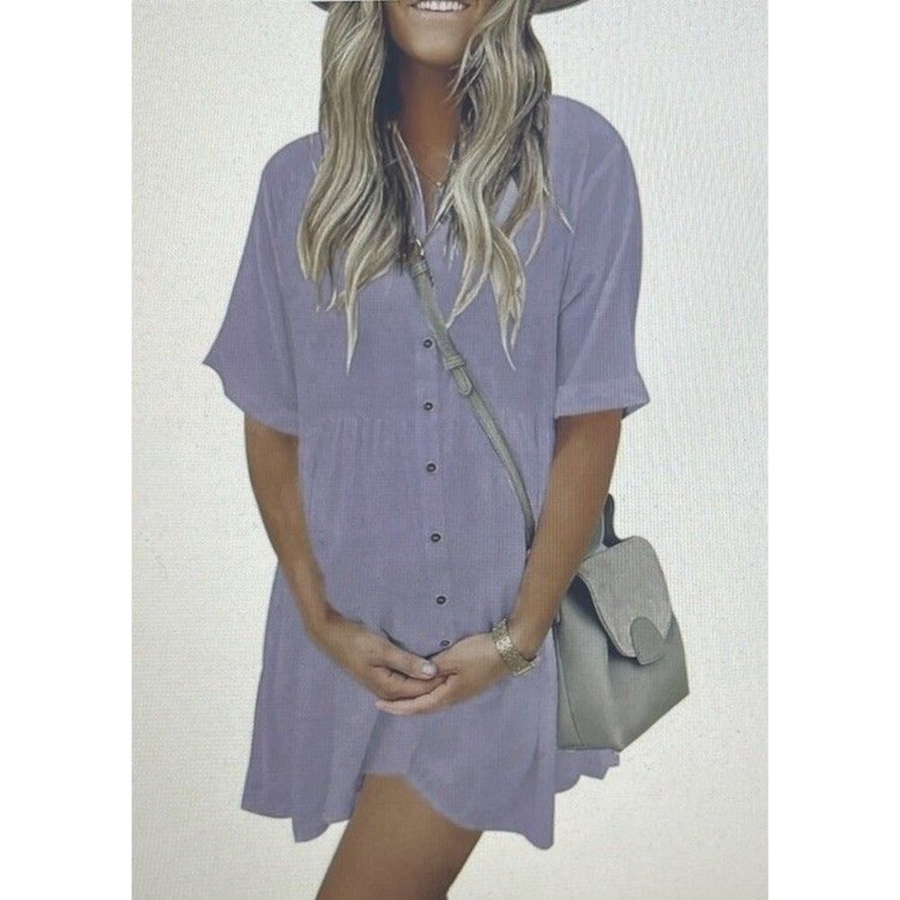 PYGFEMR Short Sleeve Babydoll Dress Button Down Dresses Pockets Size M